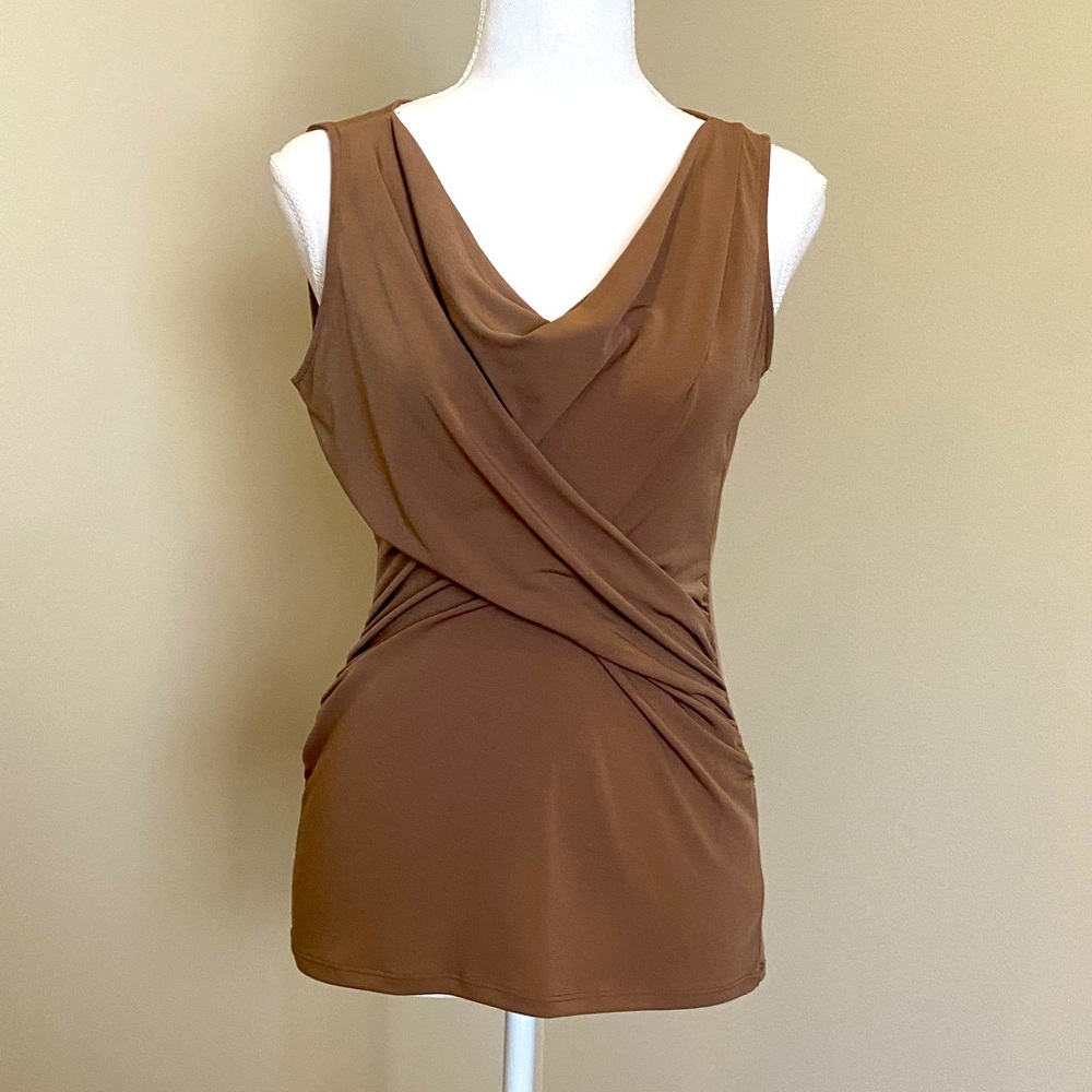 Dark Beige Sleeveless, Faux-Wrap Top